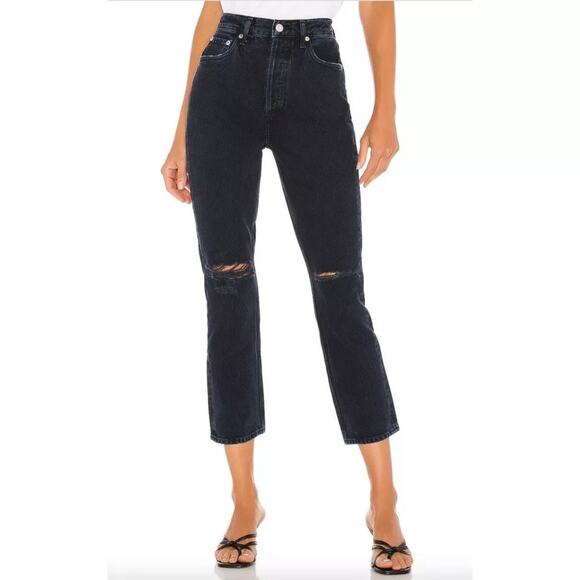 Agolde Jeans Riley High Rise Straight Crop New NWT Dark Wash Denim Distressed 26 - Picture 1 of 14